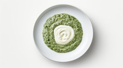 Poster - CREAMED SPINACH CREAM , NUTMEG , on a white round plate, on a white background, top view