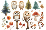 Fototapeta Dziecięca - A charming watercolor illustration featuring cute owls, pine trees, and mushrooms, ideal for children's storybooks and educational content.