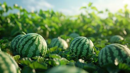 Ripe watermelons sit among lush vines in a vibrant field under a sunny sky