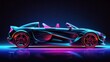 Neon-glowing sport car silhouette in a sleek side view. Abstract modern styling in this dynamic vector illustration.
