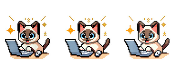 vector pixel art icon with Siamese cat typing on a computer with a surprised face on a white background