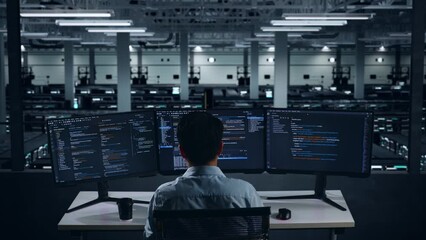 Back View Of Tired Asian Man Developer Stretching While Write Code With Multiple Computer Screens In Data Center