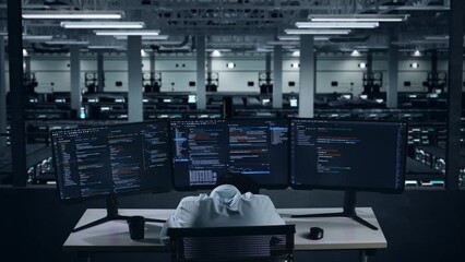 Back View Of Tired Asian Man Developer Sleeping While Write Code With Multiple Computer Screens In Data Center