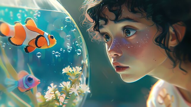 The character gazes curiously into a fishbowl, observing the colorful fish swimming gracefully inside.