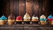 Colorful cupcakes with various topping lined up on wood backgrounds, free space above