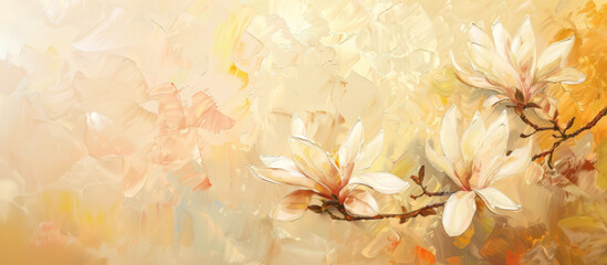 Wall Mural - Blooming Magnolia Tree Branch Brush Strokes Acrylic Painting Landscape Canvas Texture Banner