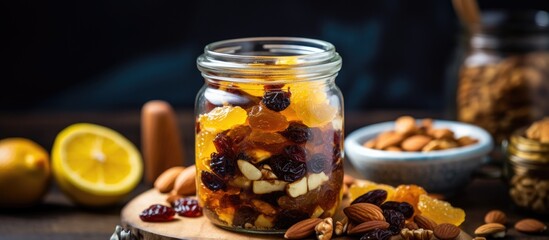 Poster - A jar filled with vegan dessert made from dried fruits, nuts, honey, and lemon is placed next to a bowl of nuts on a wooden board. The colorful mixture of fruits and nuts in the jar contrasts with the