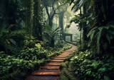 Fototapeta Las - Lush Rainforest Trail: Traverse the winding jungle path enveloped in rain-soaked foliage, where every step leads to a verdant oasis of life.
