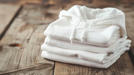A neat stack of white hooded sweatshirts on a rustic wooden surface