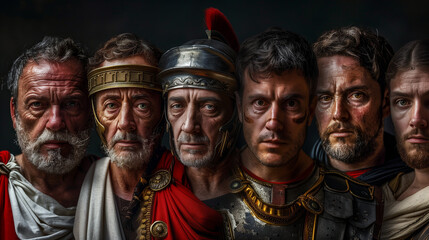 Roman soldiers from various ranks and in different uniform on black background.