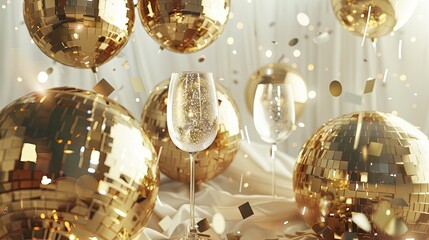 Wall Mural - Glam New Years Eve Celebration White And Gold Background With Balloons, Disco Balls, Confetti And Champagne Glasses With Copy Space