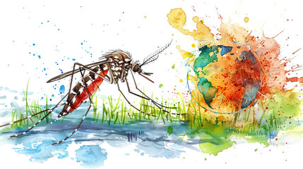 Canvas Print - hand drawn illustration of earth globe attacked by mosquito, watercolor banner or card, world malaria day , dengue 