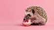 A hedgehog nibbles on a pink donut against a pink background.