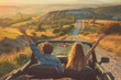 Happy couple driving on country road with raised hands. Friends going on road trip travel on summer day. Generative AI