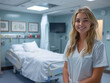 
Portrait d'une jeune infirmière, aide soignante ou personnel médical sur son lieu de travail, à l'hôpital et en uniforme
