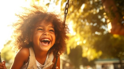 Happy African American kid girl laughing on a swing on a warm sunny day on a playground. Concept of carefree play, happy childhood, summer fun, and outdoor activities.