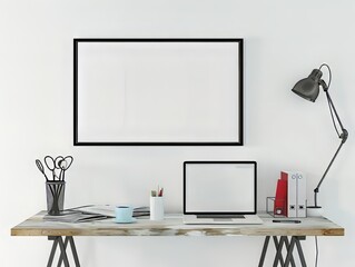 frame mockup on wall with table and notebook