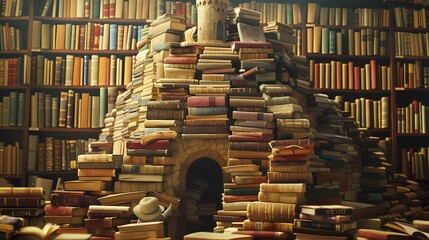 Wall Mural - Surrounded by towering stacks of books, the adorable character builds a makeshift fort, its imagination turning it into a castle fit for a tiny king or queen.