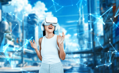 Female stand wear white VR headset and white sleeveless connect metaverse, future technology create cyberspace community. She look around and gesticulate enjoy fantasy building in meta. Hallucination.