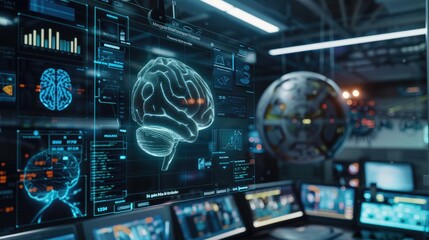 Modern Brain Study Laboratory And Monitors Eeg Reading And Brain Model Functioning. Futuristic Holographic Interface, Showing Neurological Data. Modern Brain Study, Neurological Research Center