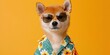 Shiba Inu doge wearing sunglasses and trendy clothing on yellow background