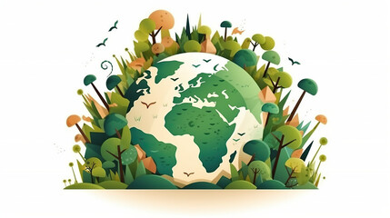 trees and buildings on earth globe illustration, Eco Friendly, green energy concept, Ecology background, concept for save earth day.
