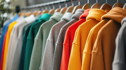 Wall Mural - Back view close up row of colorful hoodie sweatshirts hanging on hangers - AI Generated