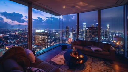 Wall Mural - beautiful view of downtown Los Angeles from a luxury apartment at night or sunset