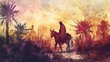 Palm Sunday. Christ'S Triumphal Entry Into Jerusalem. Silhouette Of A Man Riding A Donkey On A Background Of Palm Trees. Watercolor Illustration