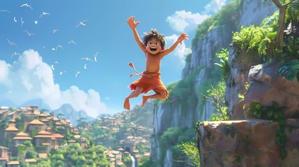 Wall Mural - With a playful leap, the animated character jumps from one prop to another, imagining each as a stepping stone in a grand adventure.