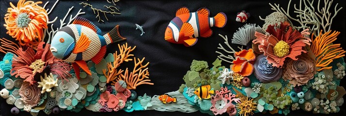 Tropical fish in an aquarium made of yarn