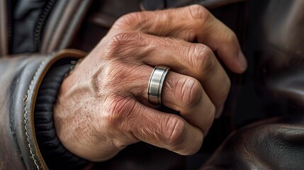 A male hand elegantly displays a tungsten ring reflecting the light with sophistication and robustness. Modern man with refined touch with tungsten ring.