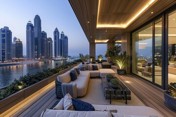 A large, open balcony overlooking a city with a view of the water