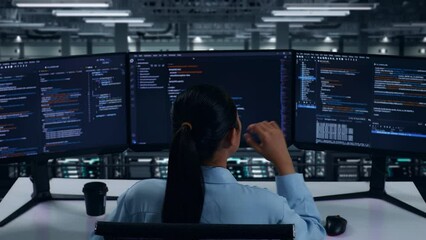 Back View Of Asian Woman Developer Thinking About Something While Write Code With Multiple Computer Screens In Data Center