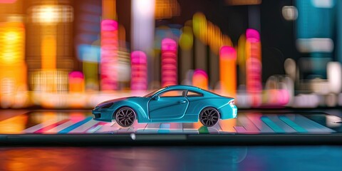 Wall Mural - Smartphone with 3D bar graph and model car protruding from it. Modern technology and mobile car shopping concept