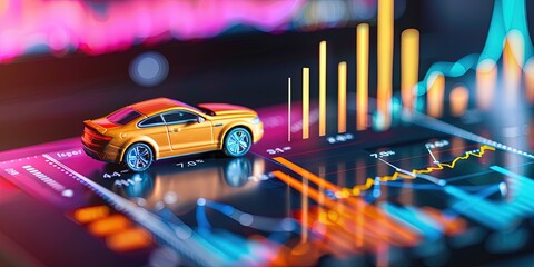 Wall Mural - Smartphone with 3D bar graph and model car protruding from it. Modern technology and mobile car shopping concept