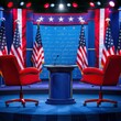 Politics And Voting Concept. Presidential Election 2024 On Stage Over The American Flag Background Before The Debate