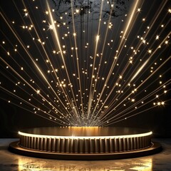 Wall Mural - Podium With Golden Light Lamps Background. Golden Light Award Stage With Rays And Sparks