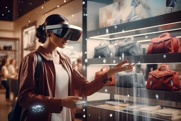 Metaverse futuristic concept, a woman using virtual reality headset to shop online.