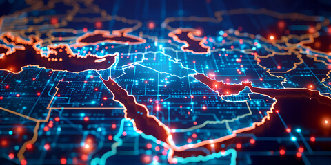 Wall Mural - Digital map of Saudi Arabia, concept of Middle East global network and connectivity, high speed data transfer and cyber technology, information exchange and telecommunication