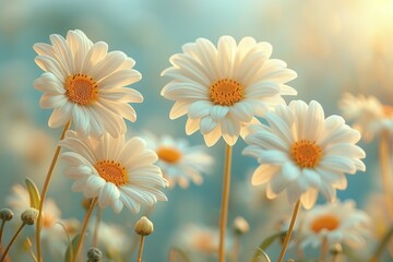 Wall Mural - A field of white daisies with the sun shining on them