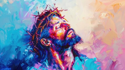 Wall Mural - Portrait Of Jesus With Crown Of Thorns, His Eyes Closed, Praying. Colorful Oil Painting