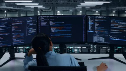 Back View Of Bored Asian Woman Developer Write Code With Multiple Computer Screens In Data Center