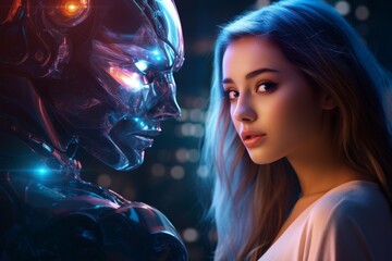 Wall Mural - A woman stands in front of a robot with glowing eyes