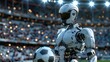 Robot Playing A Soccer Match In A Pitch Of A Stadium Full Of Supports