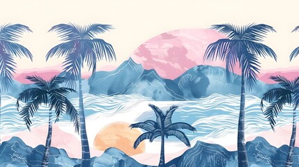 Wall Mural - Stylish Summer Vacation Seamless pattern. Landscape, Modern Palm trees , Mountain beach and ocean vector hand drawn style ,Design for fashion , fabric, textile, and all prints