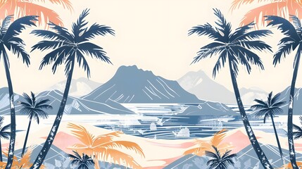 Wall Mural - Stylish Summer Vacation Seamless pattern. Landscape, Modern Palm trees , Mountain beach and ocean vector hand drawn style ,Design for fashion , fabric, textile, and all prints