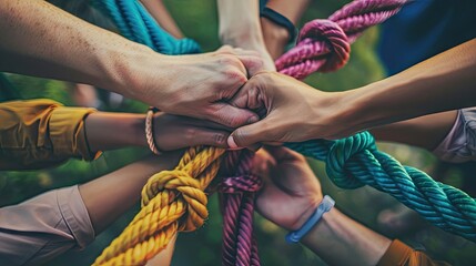 Team Rope Diverse Strength Connect Partnership Together Teamwork Unity Communicate Support. Strong Diverse Network Rope Team Concept Integrate Braid Color Background Cooperation Empower Power