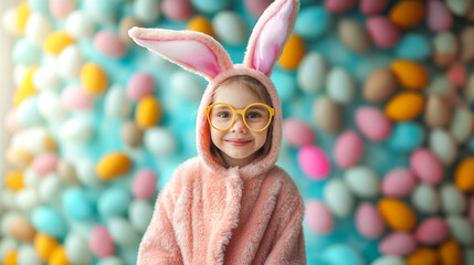 Wall Mural - cute little girl in bunny ears with Easter eggs on Easter background, Easter holiday card