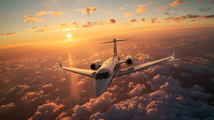 Wall Mural - a jet flying in the sky at sunset with the sun behind it